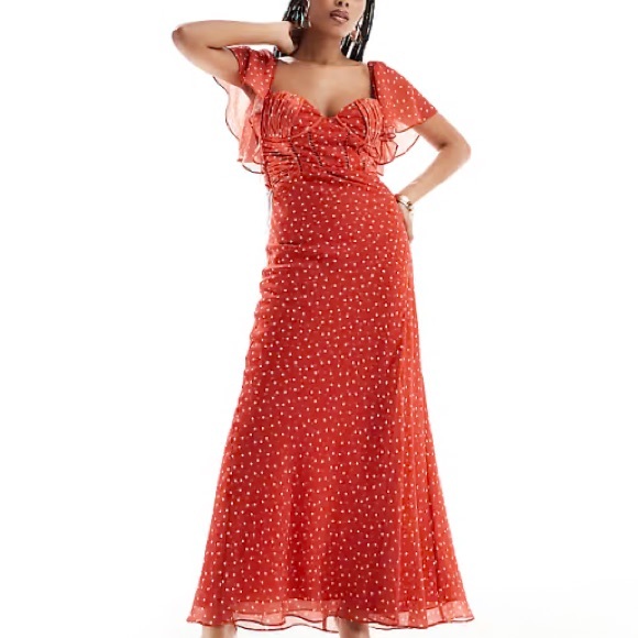ASOS DESIGN satin corset chiffon bias maxi dress w/ flutter sleeve in micro spot - Picture 1 of 12